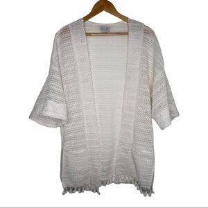 Molly Bracken White Cotton Crochet Fringed 3/4 Sleeve Open Cardigan